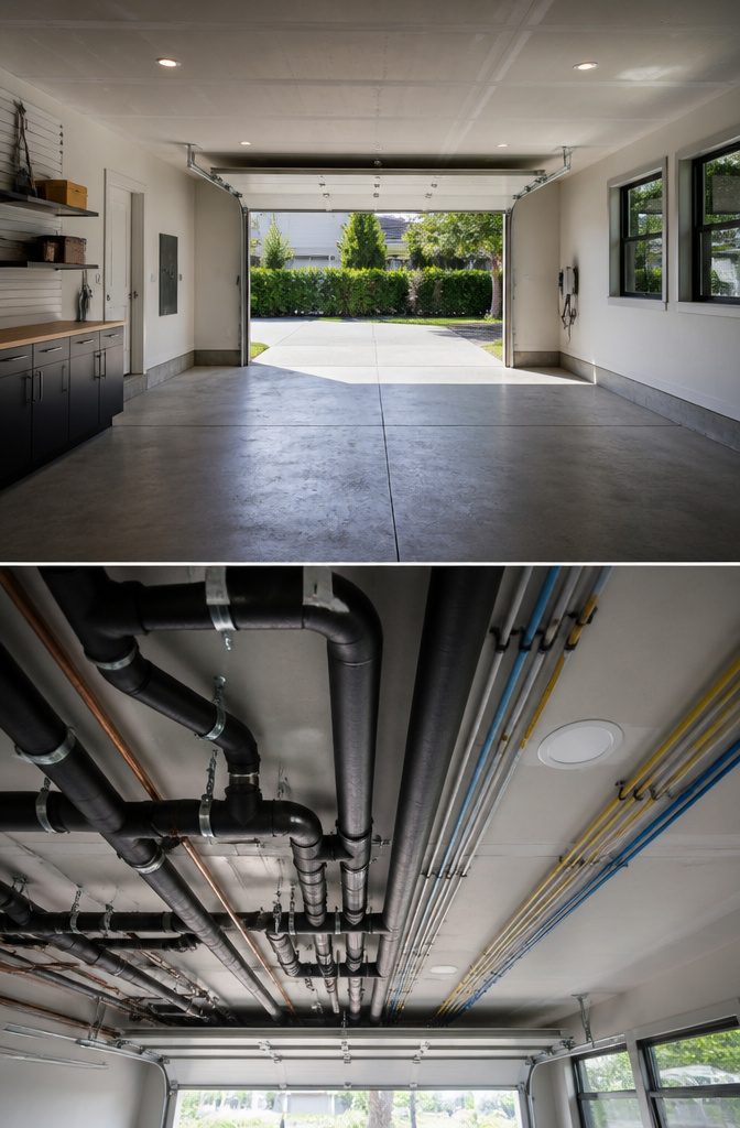 Fire-rated drywall is installed on the garage ceiling for safety.