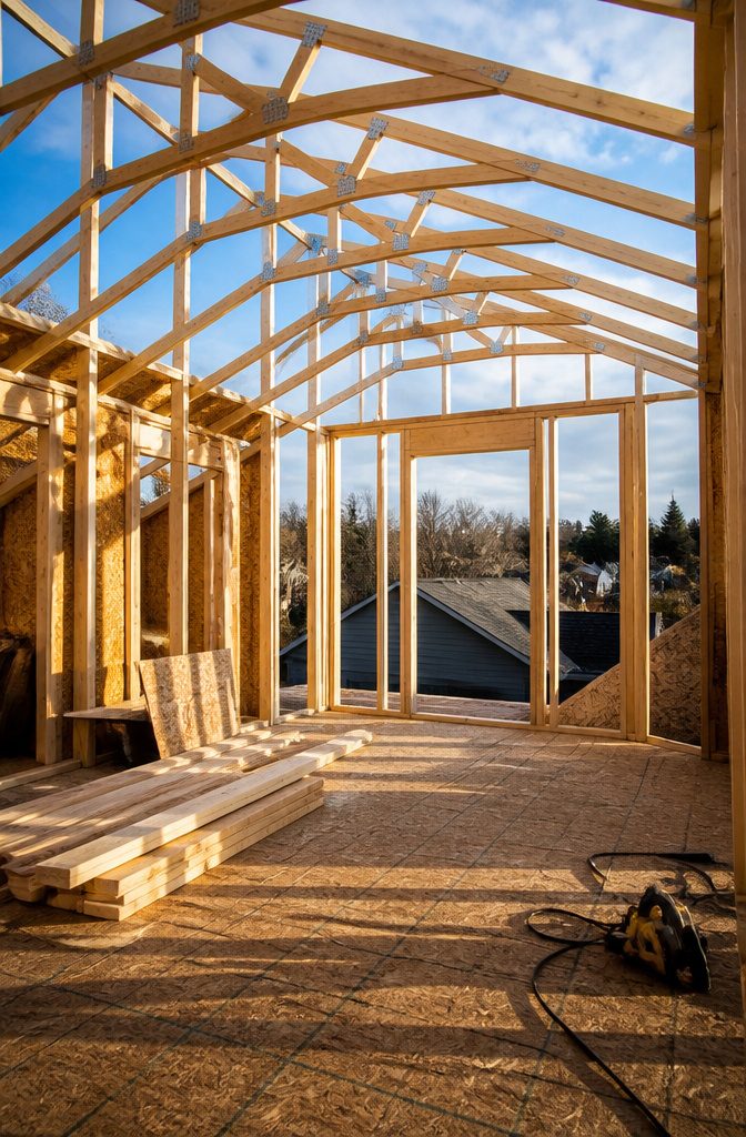Wooden studs and roof trusses are being installed for a new room.