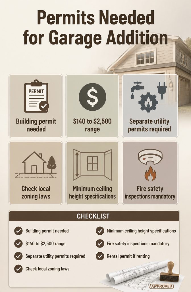Graphic displaying required permits for garage addition projects.