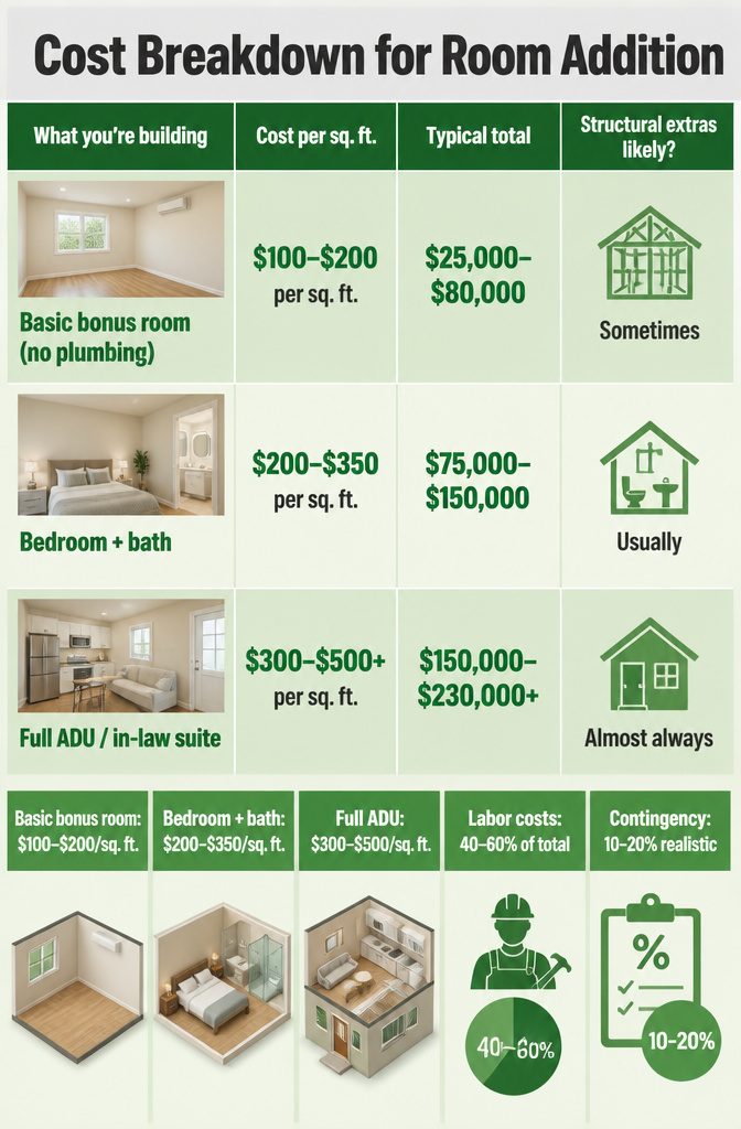 Infographic detailing cost per square foot for room additions.