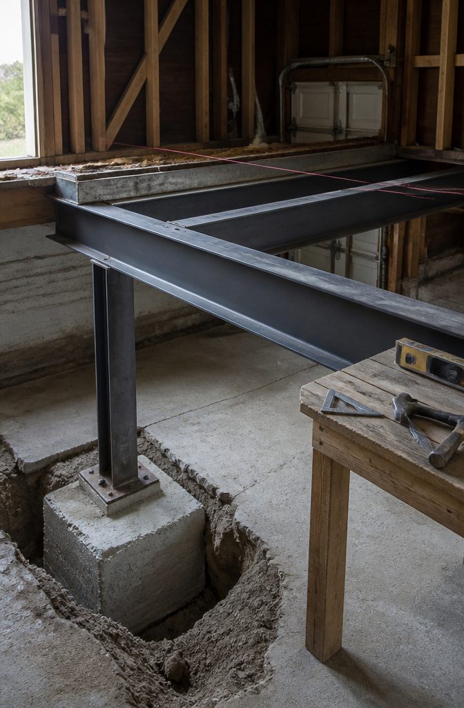 Construction workers reinforcing a garage foundation for an upper room.