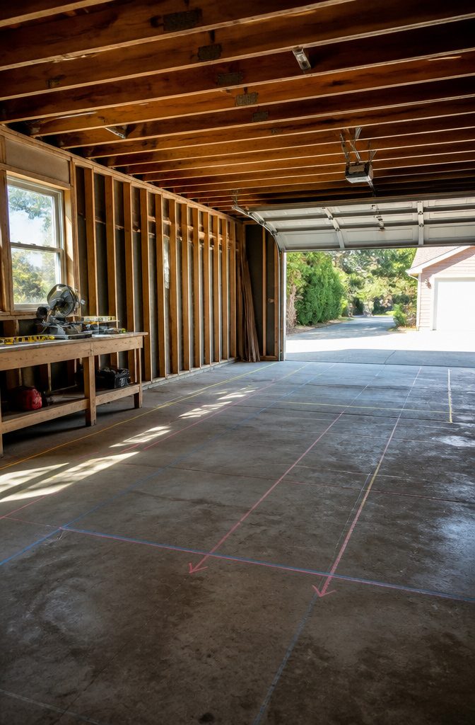 Interior view of a garage with exposed rafters and structural framework.