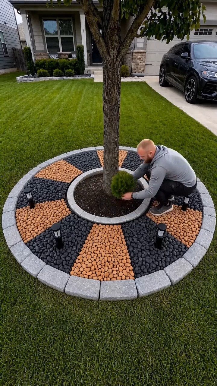 10 Around a Tree Ideas for Better Outdoor Spots 2 A man planting a small shrub in a circular stone and pebble garden bed around a tree.
