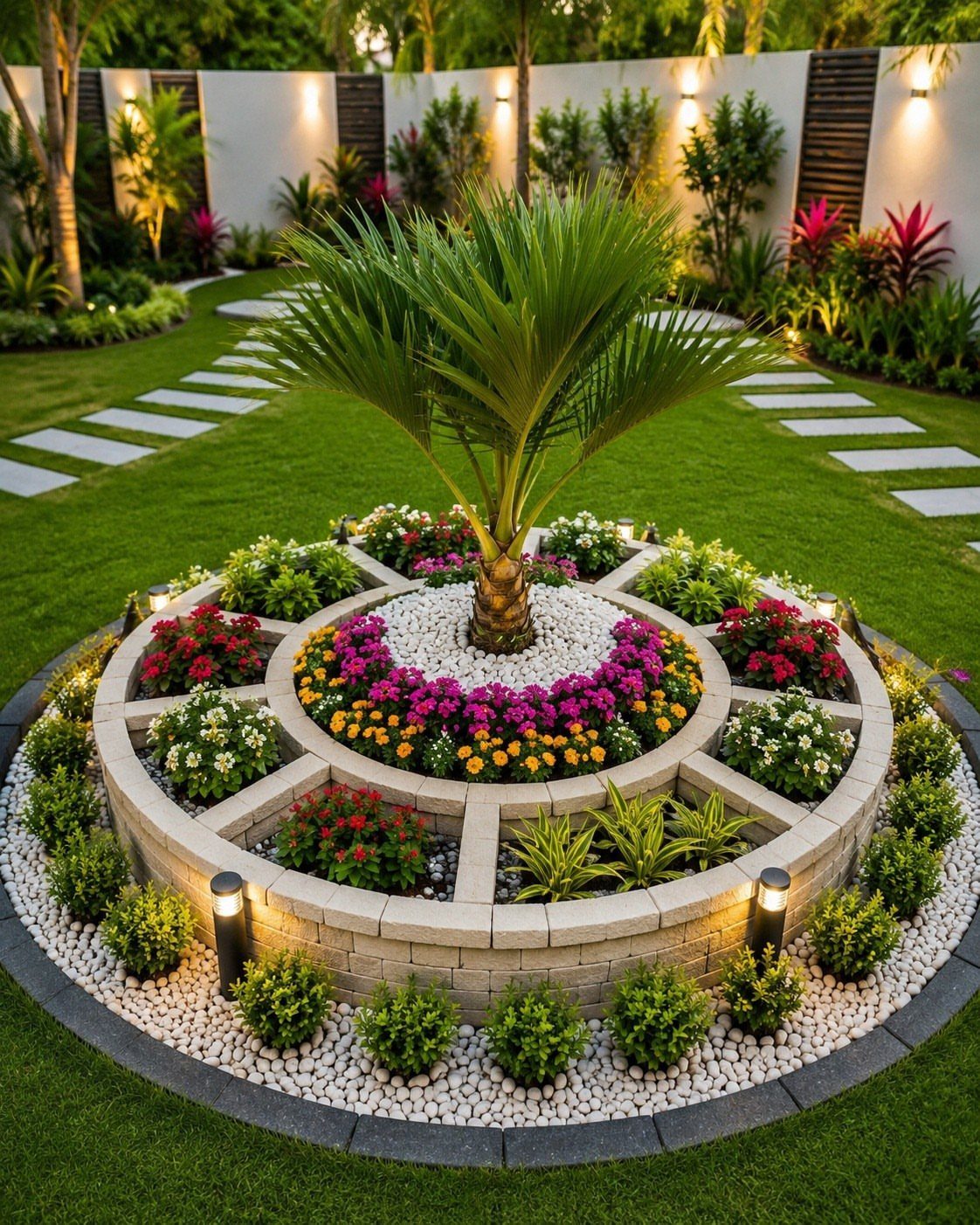 10 Around a Tree Ideas for Better Outdoor Spots 5 A circular stone garden bed with colorful flowers and small lanterns surrounding a central palm tree.