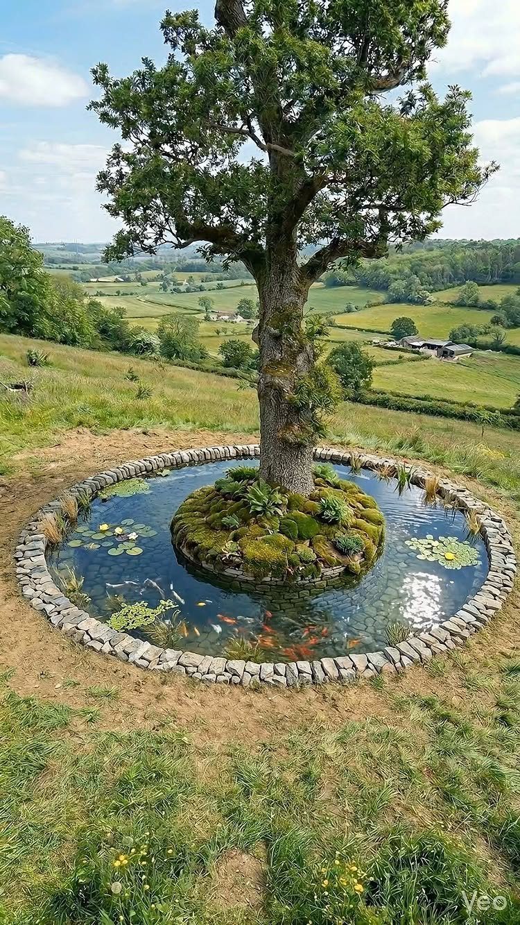 10 Around a Tree Ideas for Better Outdoor Spots 6 A large tree growing from a mossy island inside a circular stone-lined koi pond.