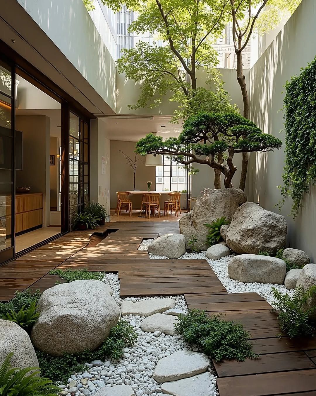 10 Around a Tree Ideas for Better Outdoor Spots 4 A modern courtyard with a wooden deck, large stones, white pebbles, and a manicured tree.