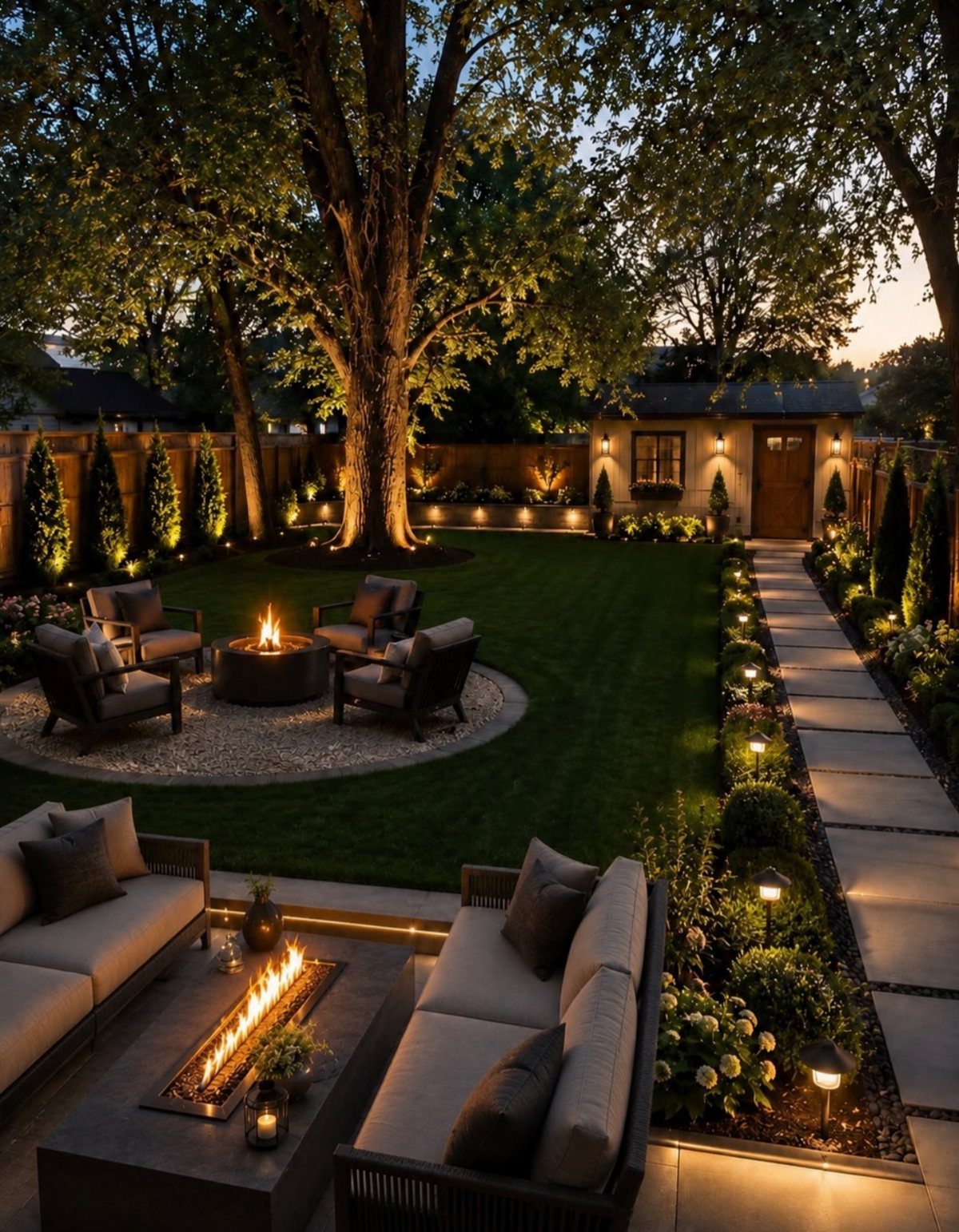 18 Big Backyard Garden Ideas for Every Budget 5 Manicured backyard at dusk with a fire pit, lounge seating, and large trees.