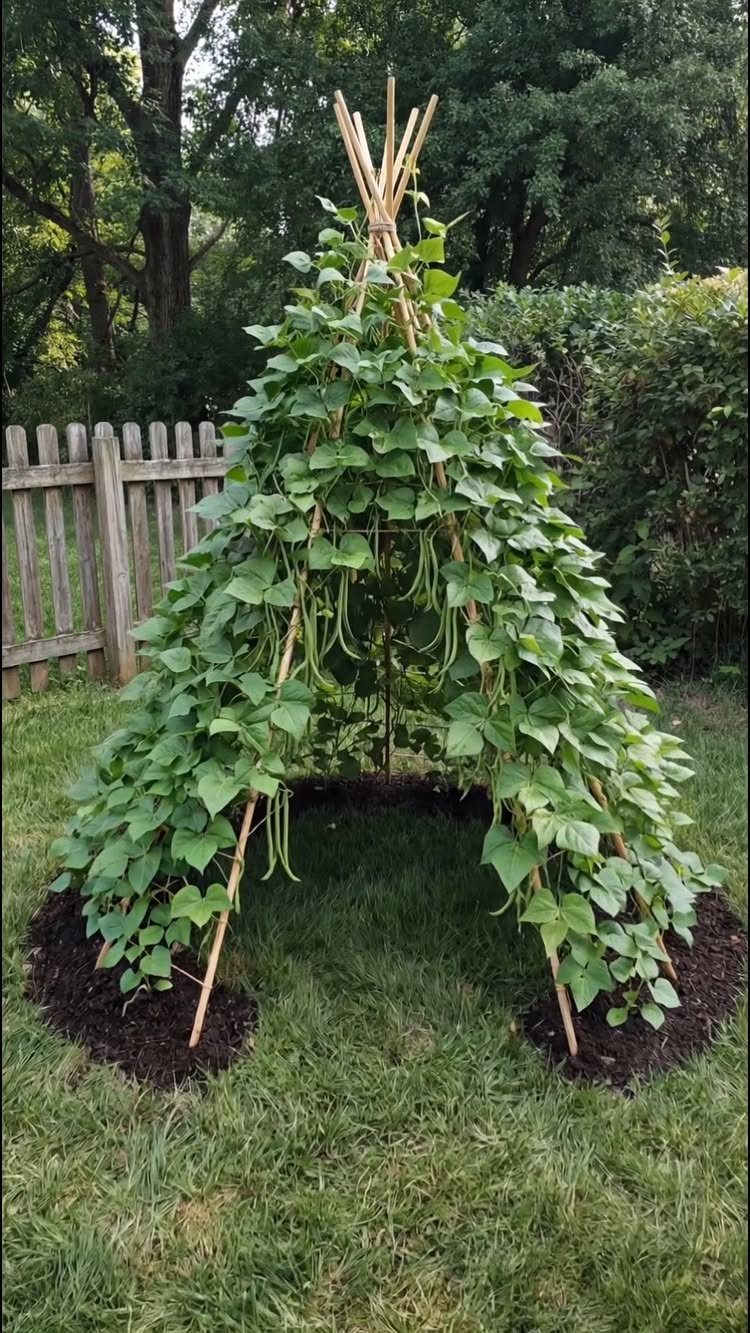 18 Big Backyard Garden Ideas for Every Budget 12 Green bean plants climbing a wooden teepee structure in a grassy backyard garden.