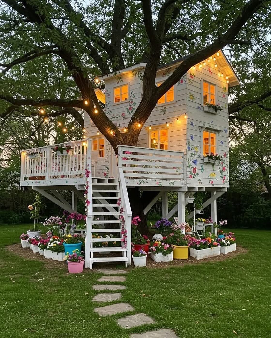 18 Big Backyard Garden Ideas for Every Budget 15 A white wooden treehouse with glowing lights and floral decorations nestled in a large tree.