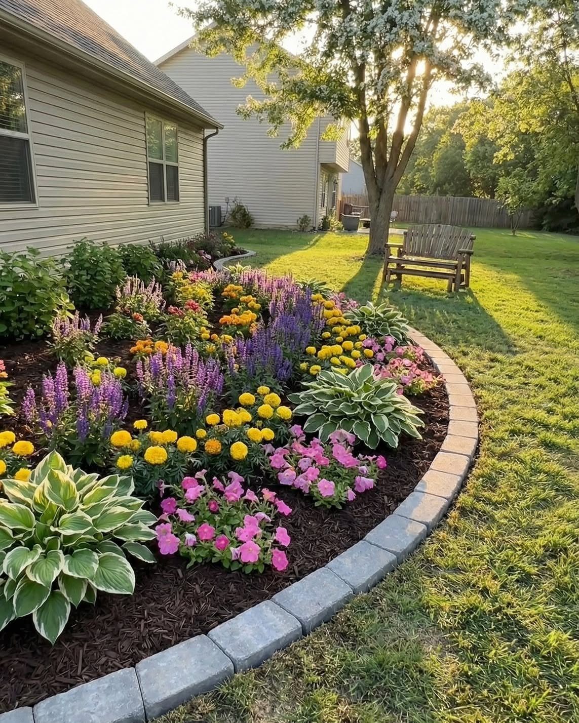 18 Big Backyard Garden Ideas for Every Budget 8 Colorful flower garden bed with curved stone borders in a lush green backyard.