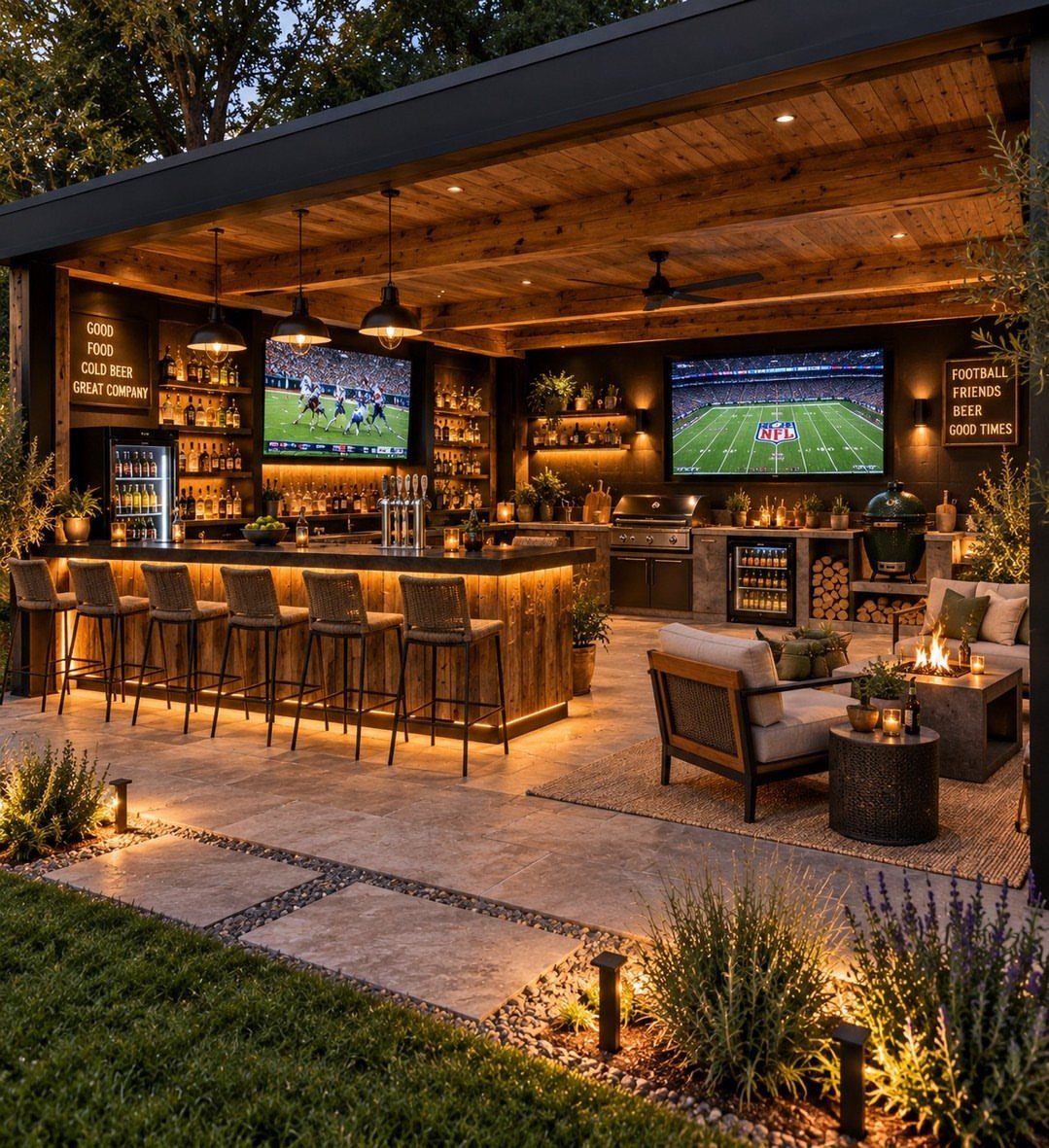 18 Big Backyard Garden Ideas for Every Budget 3 Outdoor living area with a bar, kitchen, televisions, and a lounge area with a fire pit.