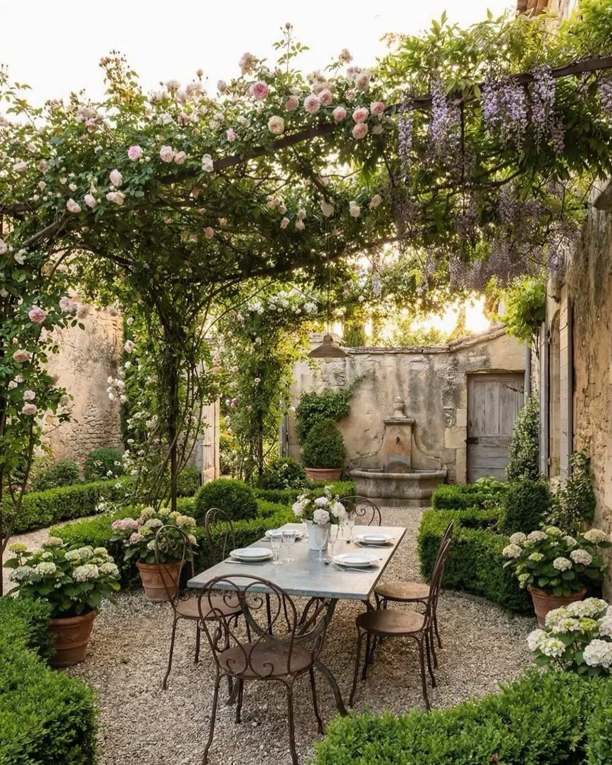 18 Big Backyard Garden Ideas for Every Budget 10 A stone courtyard with gravel paths, manicured hedges, a fountain, and a dining table under flowering vines.