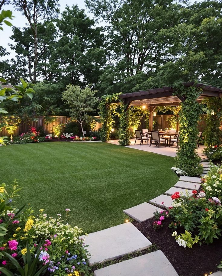 18 Big Backyard Garden Ideas for Every Budget 2 A landscaped backyard with a green lawn, stone path, pergola, and various trees and shrubs.