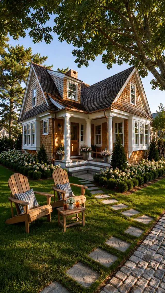 10 Cape Cod Front Yard Landscaping Ideas for Classic Charm 9 A cedar shingle cottage with a white porch, surrounded by hydrangeas and stone paths on a green lawn.