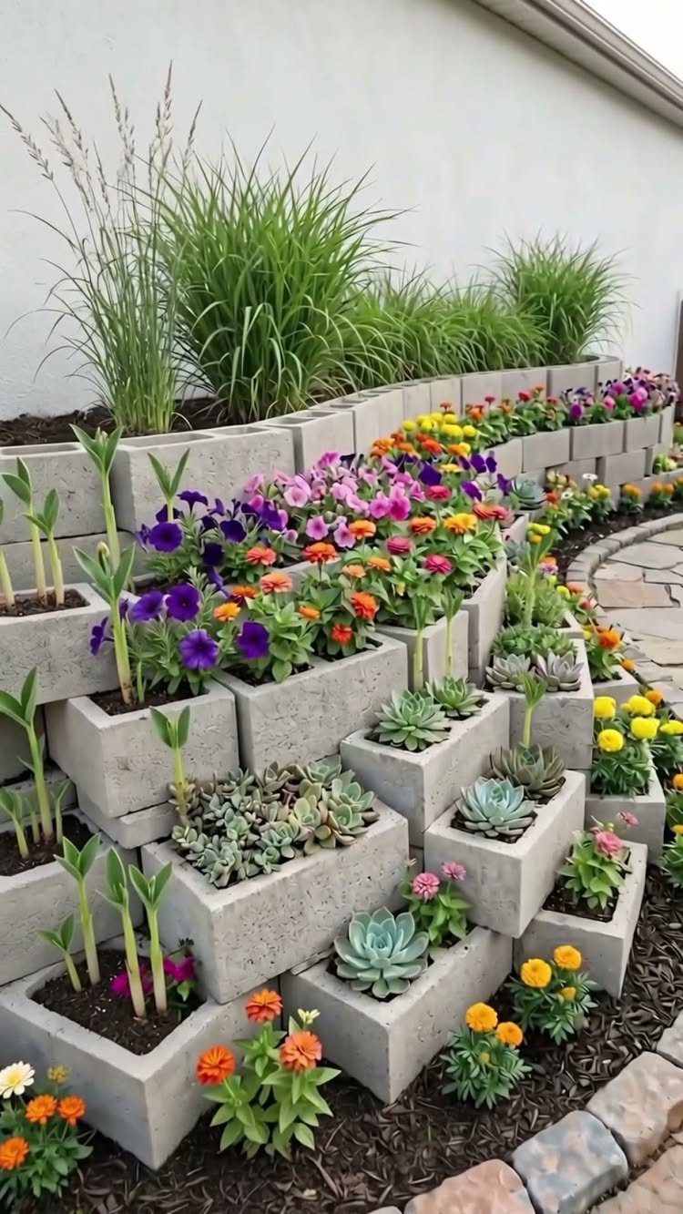 Cheap Raised Garden Beds for 4 DIY Builds 2 Tiered cinder block planters filled with colorful flowers and green ornamental grasses in a garden.