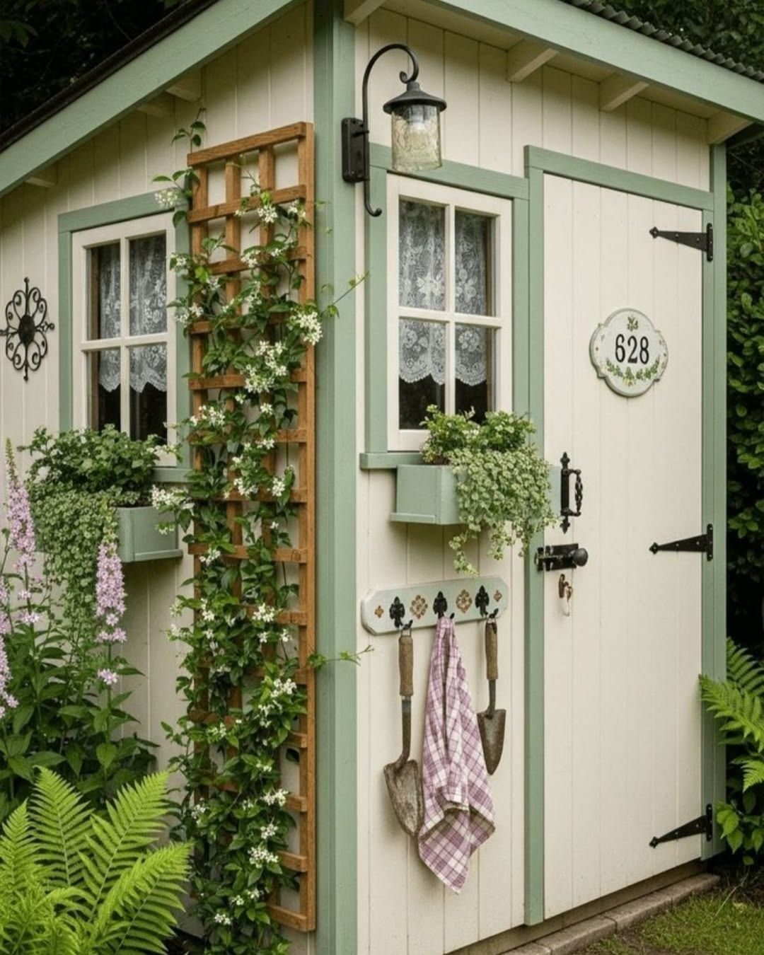 Cream cottage garden shed with green trim, climbing flowers on a trellis, and lace-curtained windows.