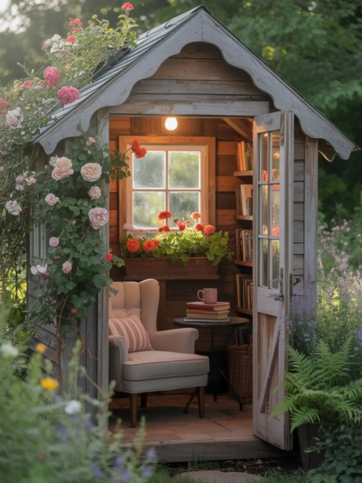 Cozy wooden cottage shed interior featuring a comfortable armchair, small table, and window with flowers.
