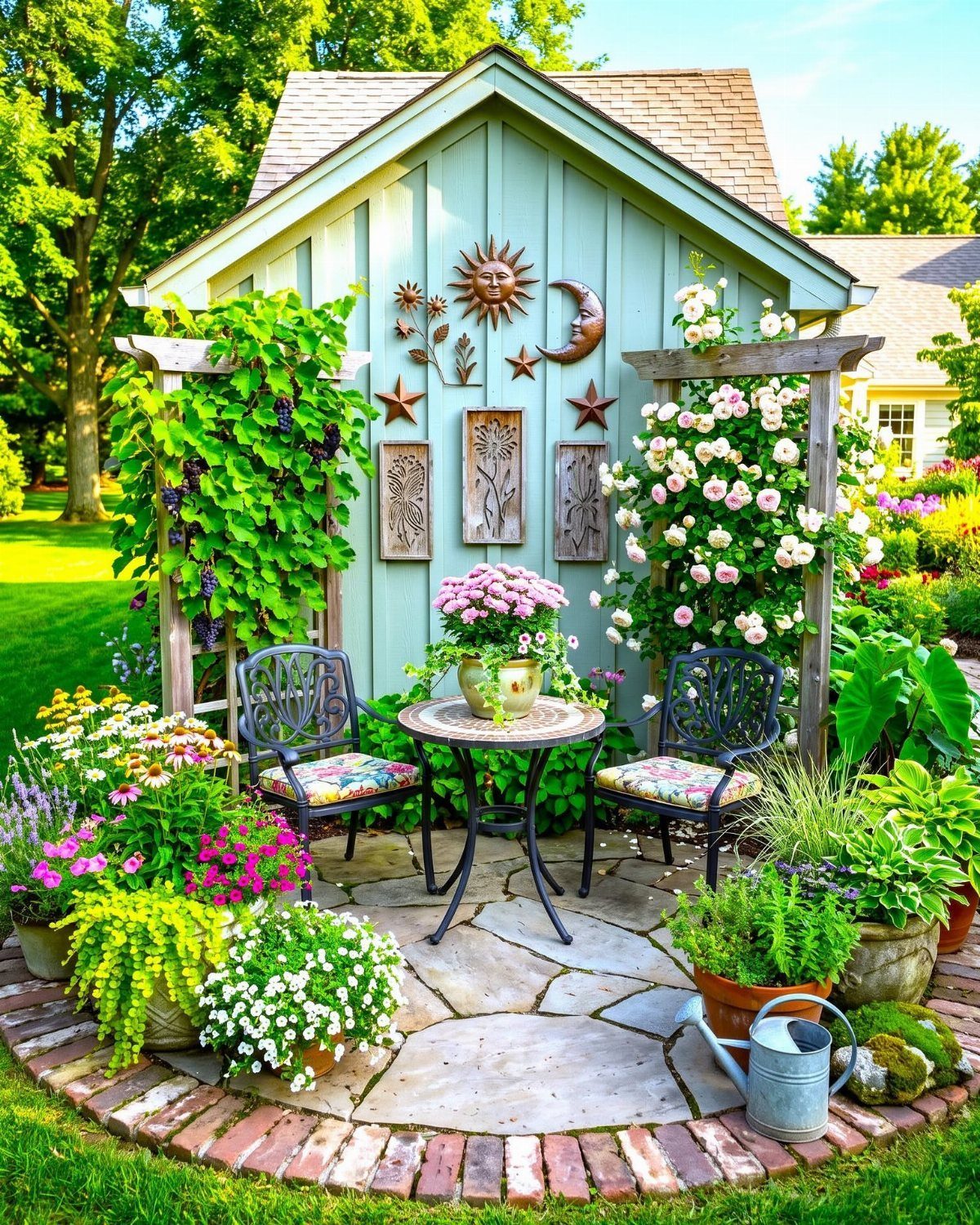 A light green garden shed decorated with metal sun and moon art, surrounded by colorful flowers and patio furniture.