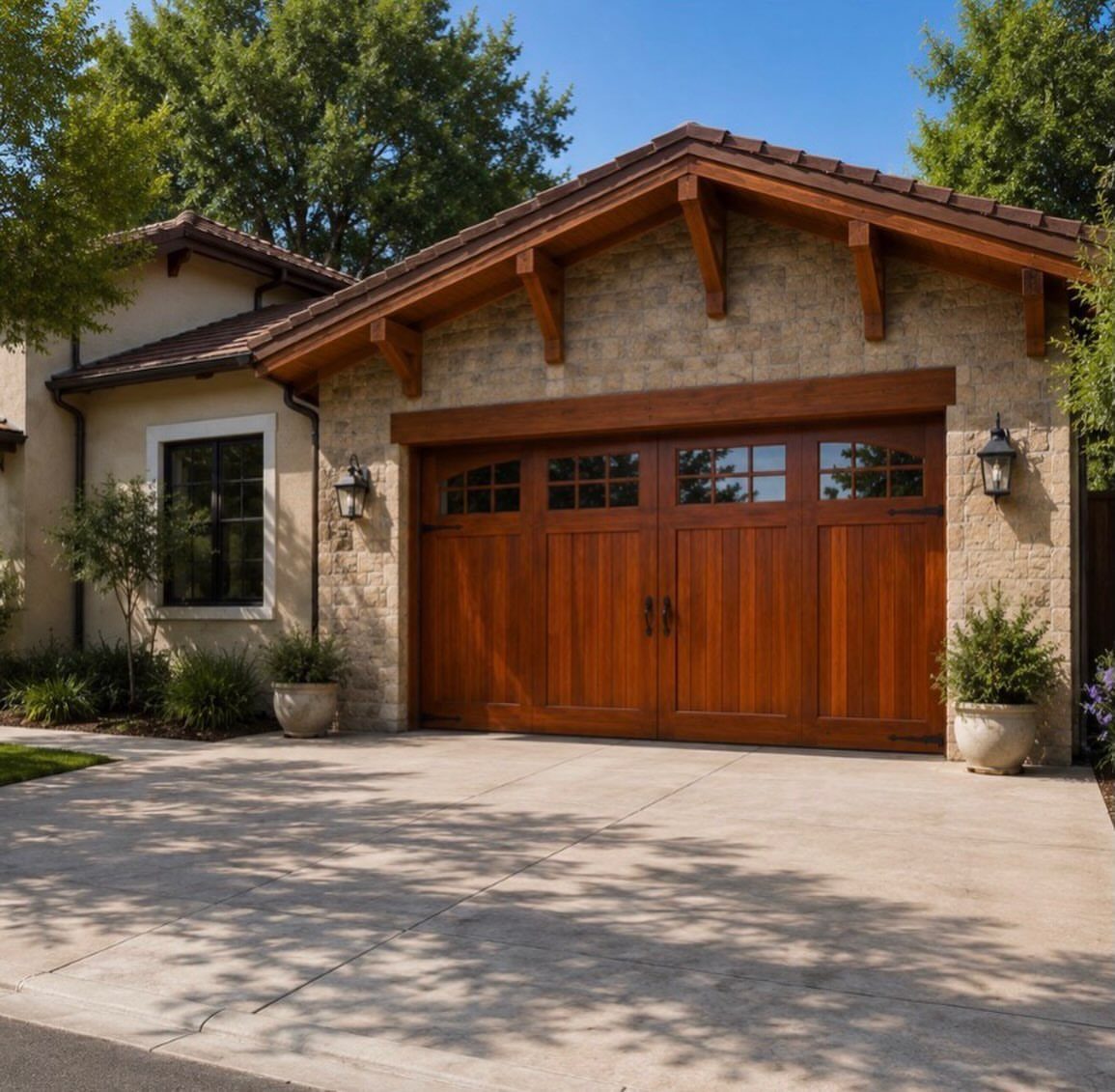 Craftsman Style Garage Doors: 8 Ideas from Carriage House to Modern Grey 3 Wooden garage doors with dark handles and windows set in a stone house exterior.