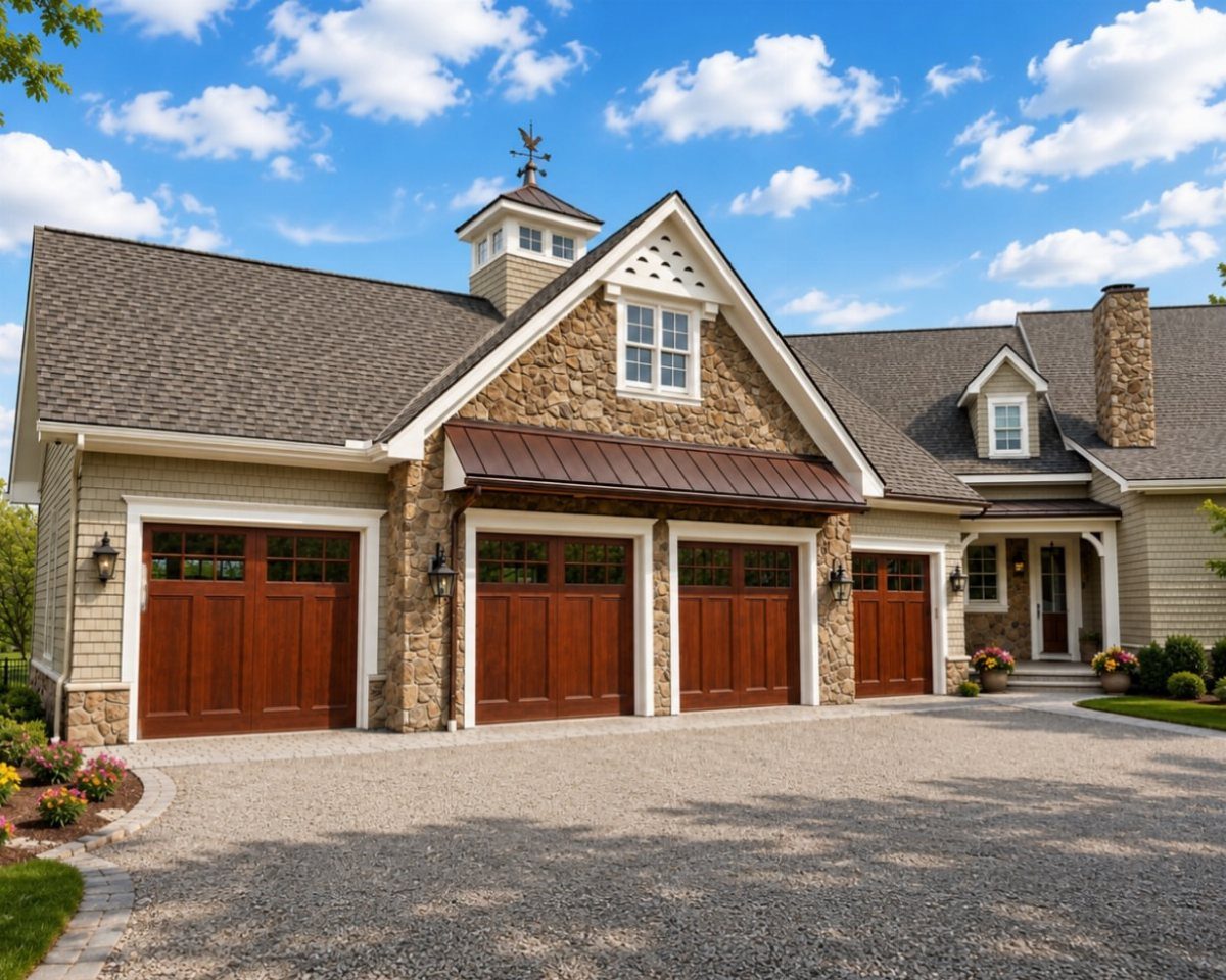 Craftsman Style Garage Doors: 8 Ideas from Carriage House to Modern Grey 2 Reddish-brown wooden garage doors with rectangular panel designs on a stone house.