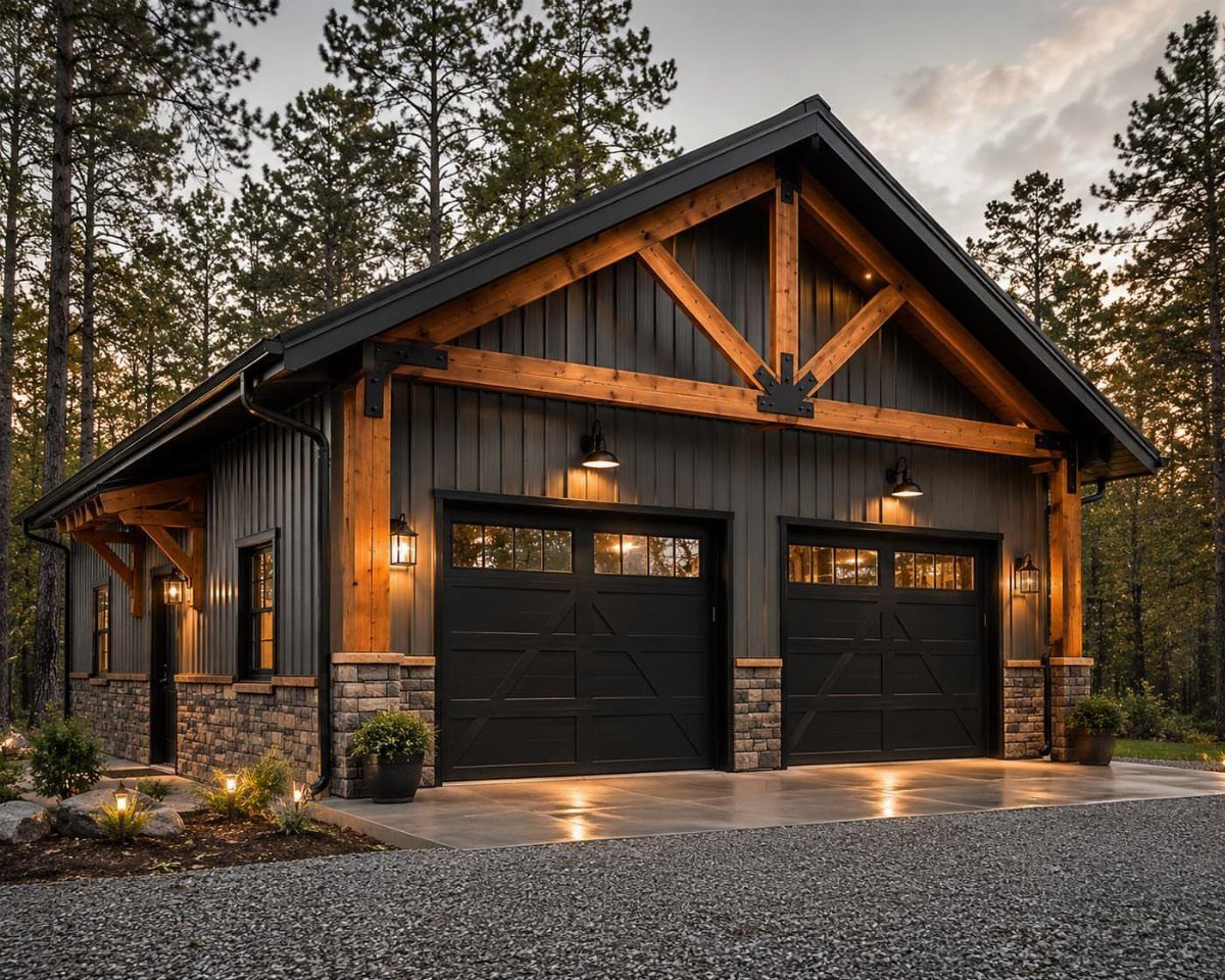 Craftsman Style Garage Doors: 8 Ideas from Carriage House to Modern Grey 5 A dark craftsman garage with wooden trusses and black doors nestled in a pine forest.