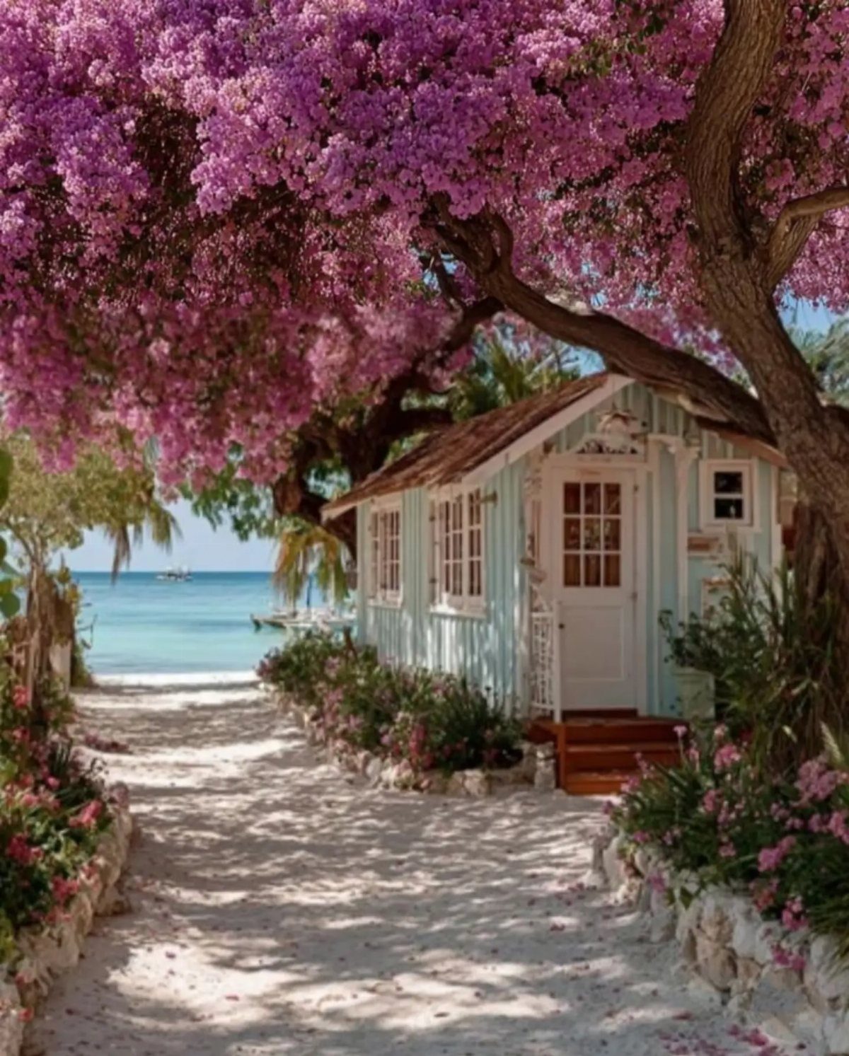 Light blue wooden shed nestled under pink bougainvillea flowers on a sandy beach path.