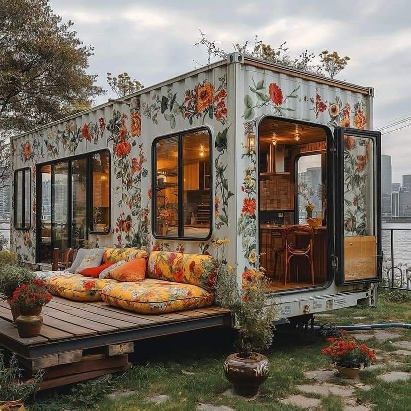 Floral decorated shipping container home with a wooden deck and colorful outdoor cushions.