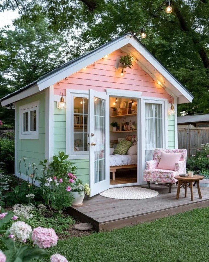 A pastel pink and mint green garden shed with open doors and a cozy interior setup.