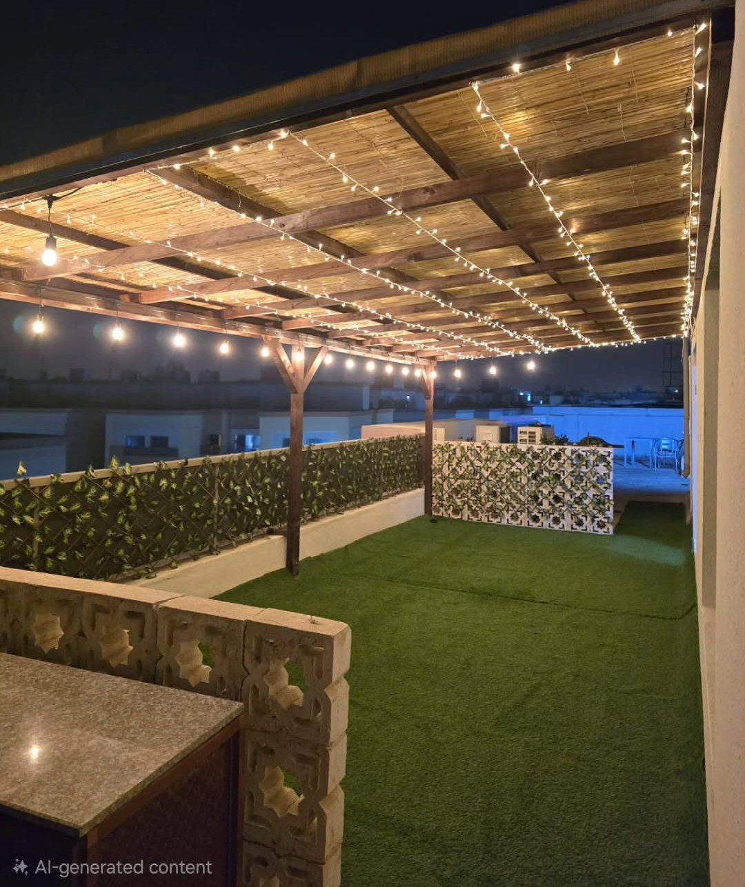 17 Deck Covering Ideas for Shade, Style & Rain Shelter 11 Bamboo reed roofing covers a wooden pergola with string lights over a green rooftop terrace.