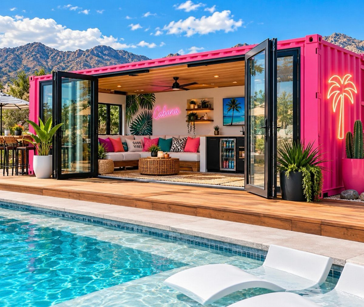 17 Deck Covering Ideas for Shade, Style & Rain Shelter 12 Pink shipping container cabana with lounge furniture situated next to a bright blue swimming pool.