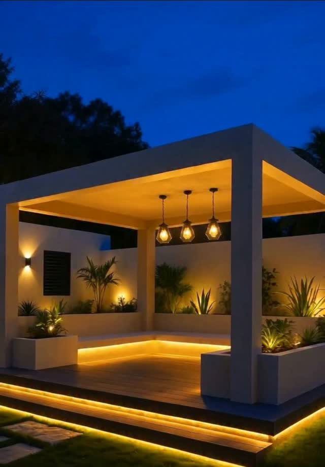 17 Deck Covering Ideas for Shade, Style & Rain Shelter 5 Modern white covered deck structure with warm integrated LED lighting and hanging pendant lights at dusk.