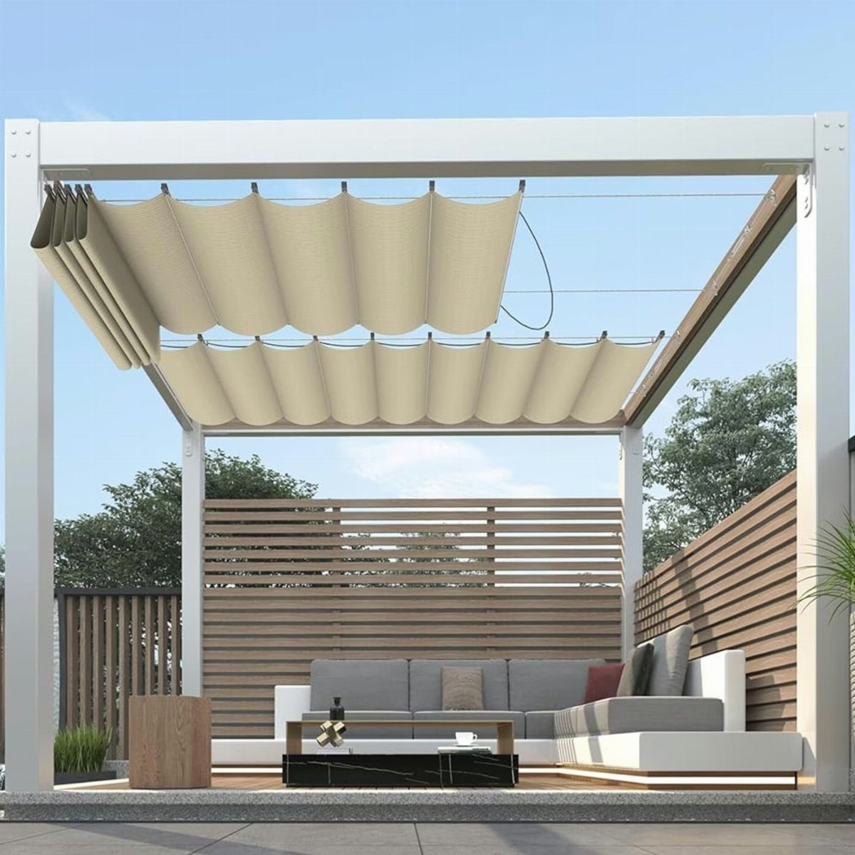 17 Deck Covering Ideas for Shade, Style & Rain Shelter 4 Beige fabric panels draped in waves across a white pergola over an outdoor lounge area.