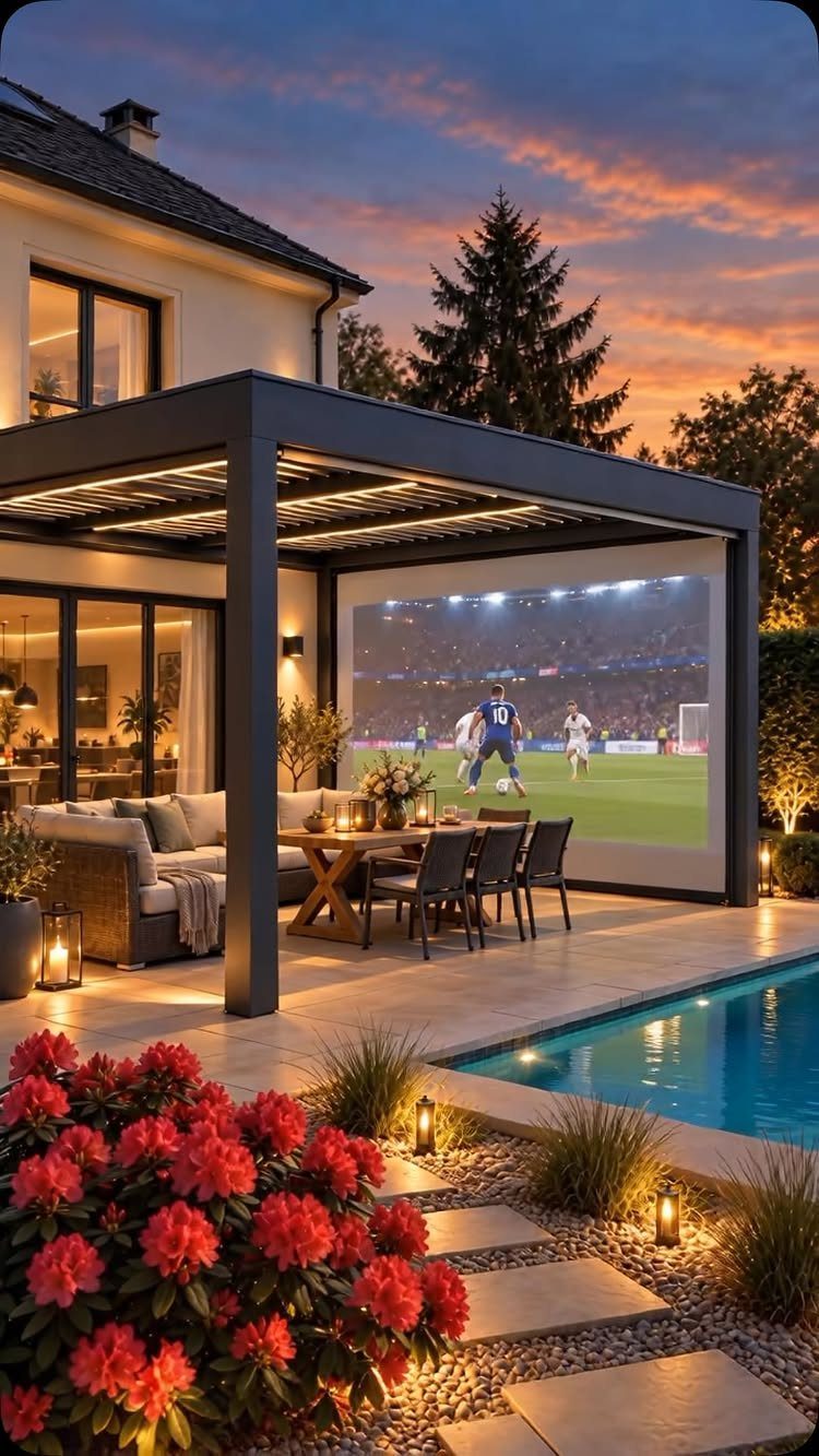 17 Deck Covering Ideas for Shade, Style & Rain Shelter 17 Modern dark grey pergola covering an outdoor dining set and a large projector screen by a swimming pool.