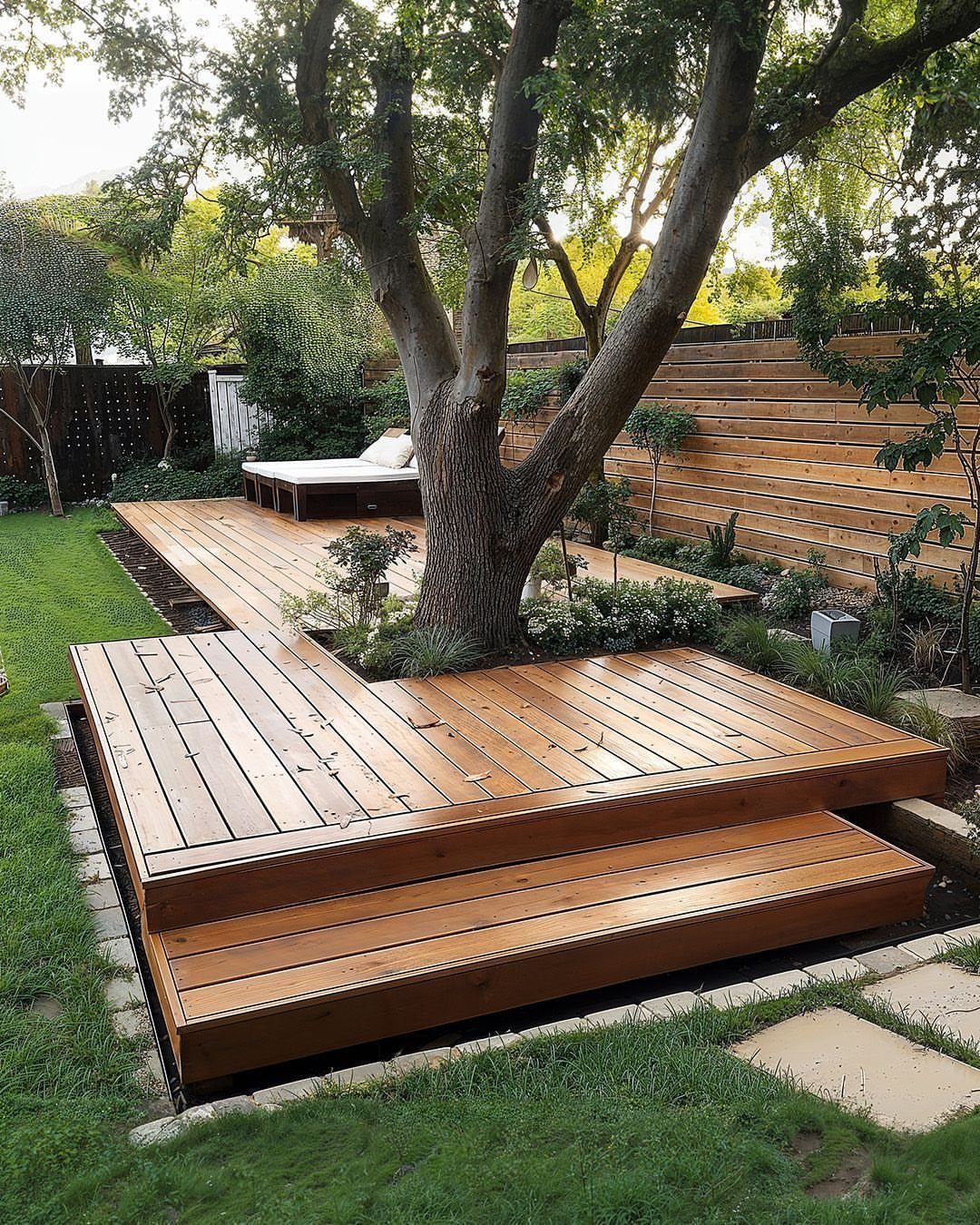 17 Deck Covering Ideas for Shade, Style & Rain Shelter 10 A multi-level wooden deck built around a large leafy tree in a backyard garden.