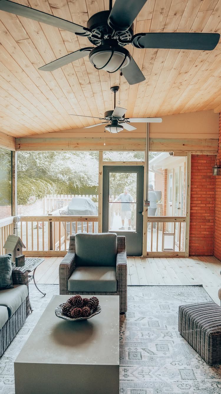 17 Deck Covering Ideas for Shade, Style & Rain Shelter 15 A covered outdoor patio with wood ceilings, ceiling fans, and comfortable wicker lounge furniture.