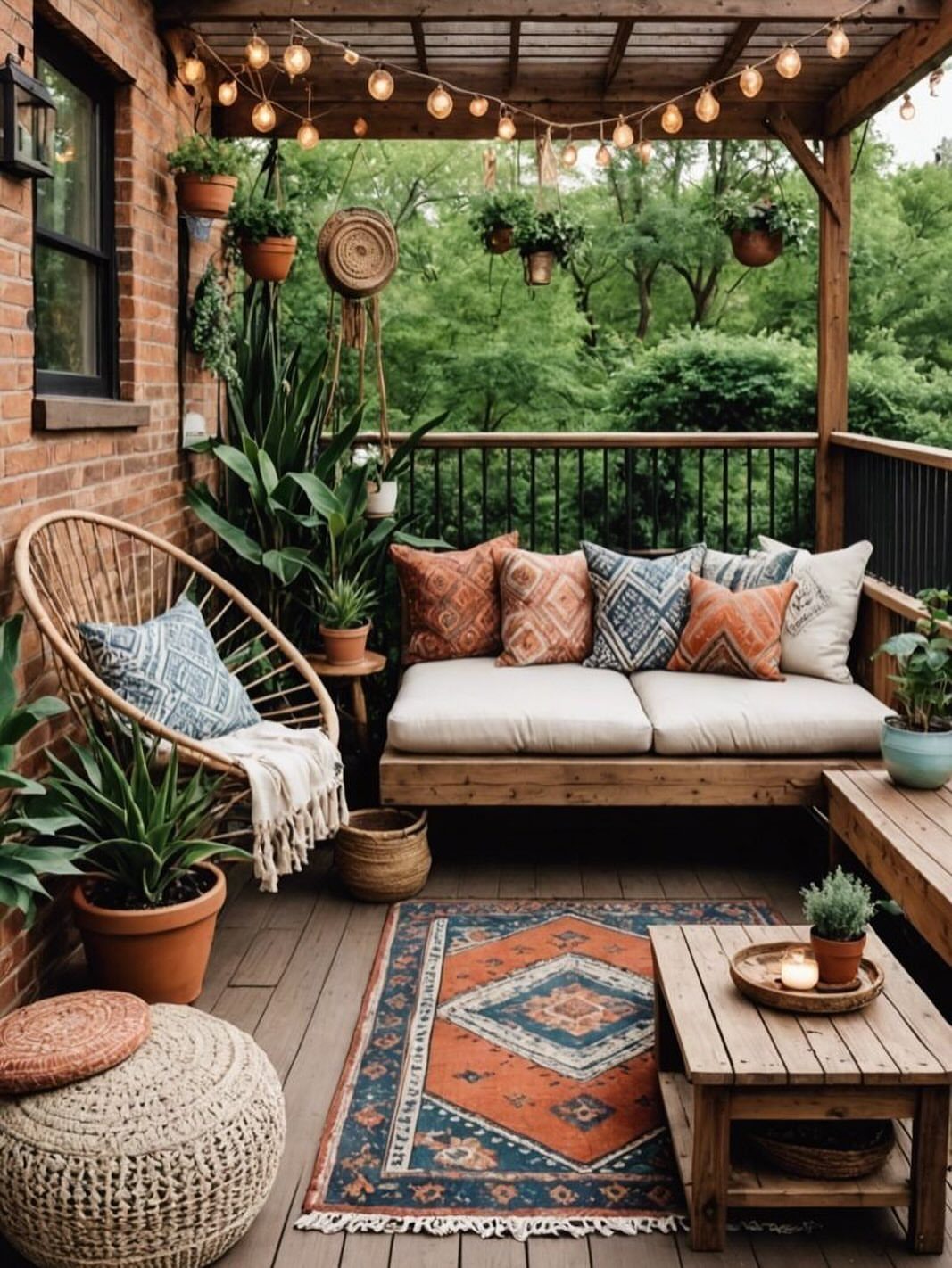 Deck on Front of House: 10 Ideas for Welcoming Style 4 A cozy wooden porch featuring a patterned outdoor rug, comfortable seating, and lush potted plants.
