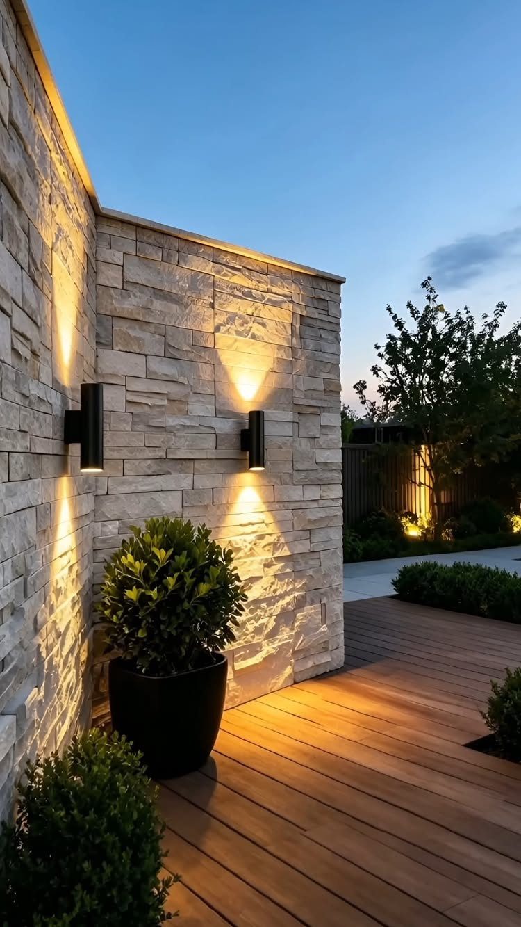 Deck on Front of House: 10 Ideas for Welcoming Style 5 Black cylindrical wall sconces illuminating a stone wall above a wooden deck and potted plants.