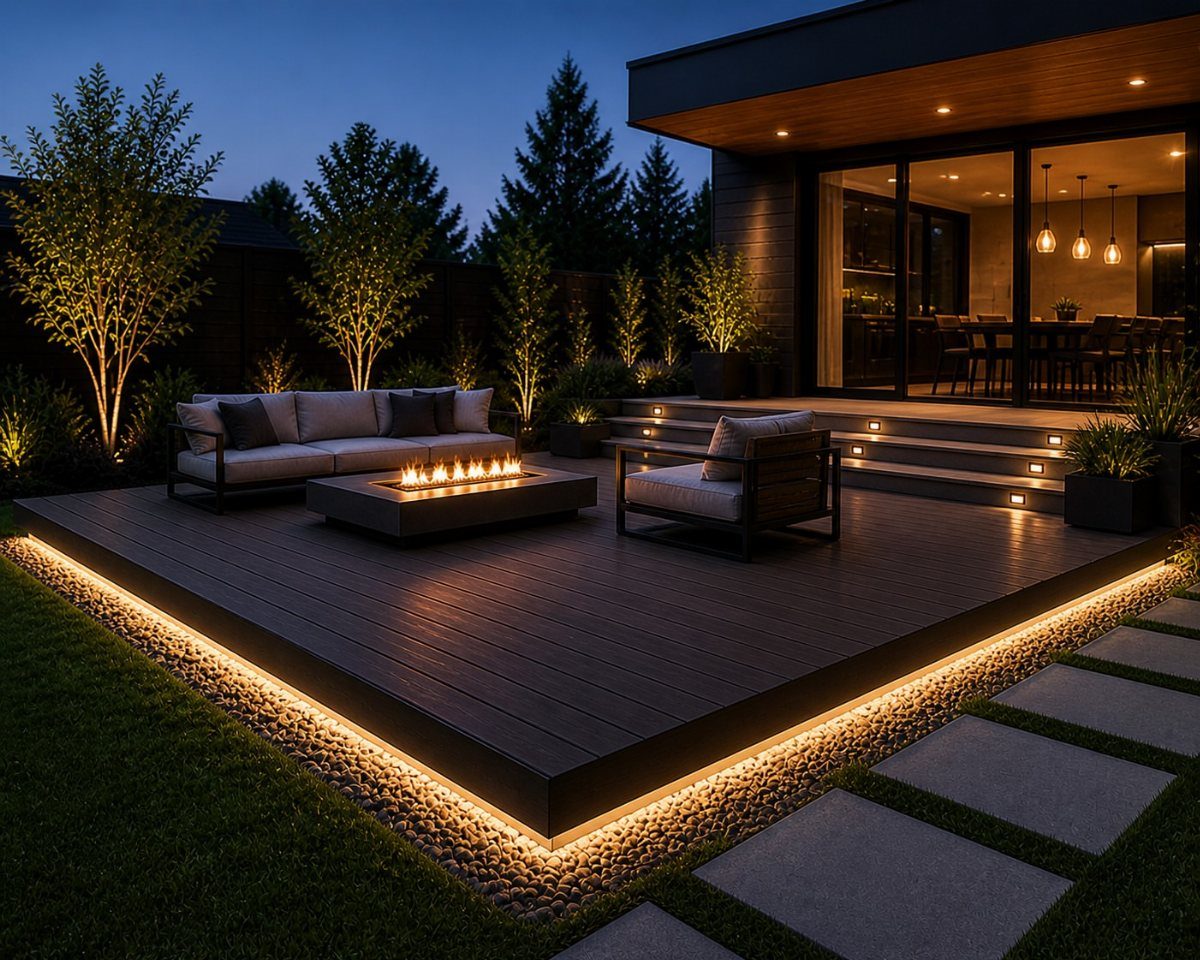 Dark wooden deck with modern outdoor furniture and glowing LED strip lighting at twilight.