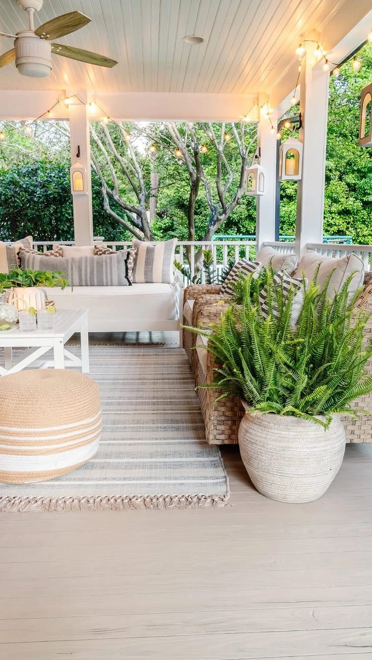 Light gray wooden porch flooring with outdoor furniture and a large potted fern.