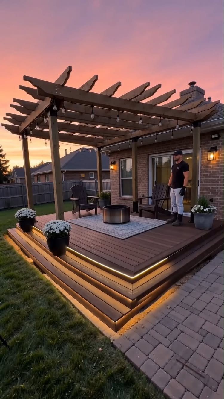 A wooden deck with a pergola, step lights, and a fire pit at sunset.