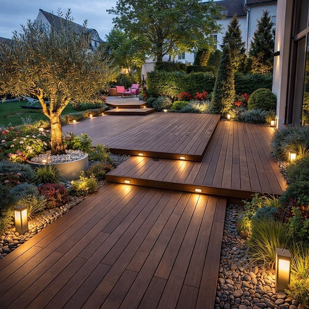 Wooden deck steps with integrated small square lights illuminating the garden at dusk.