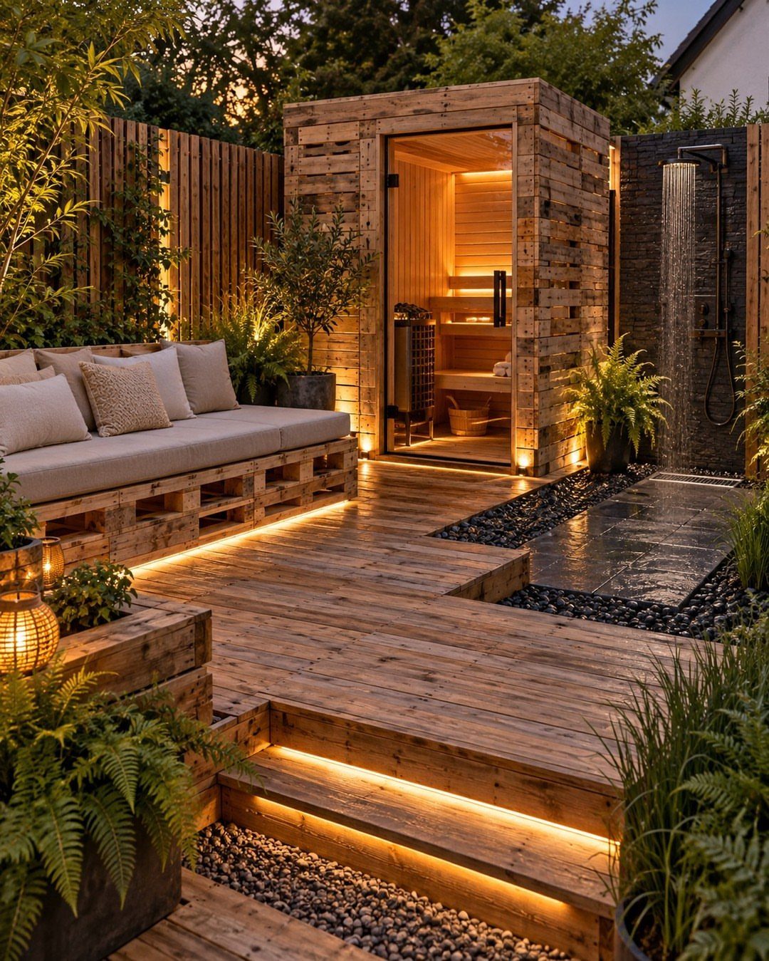 Wooden outdoor deck with illuminated steps, a pallet sofa, and a wooden sauna structure.