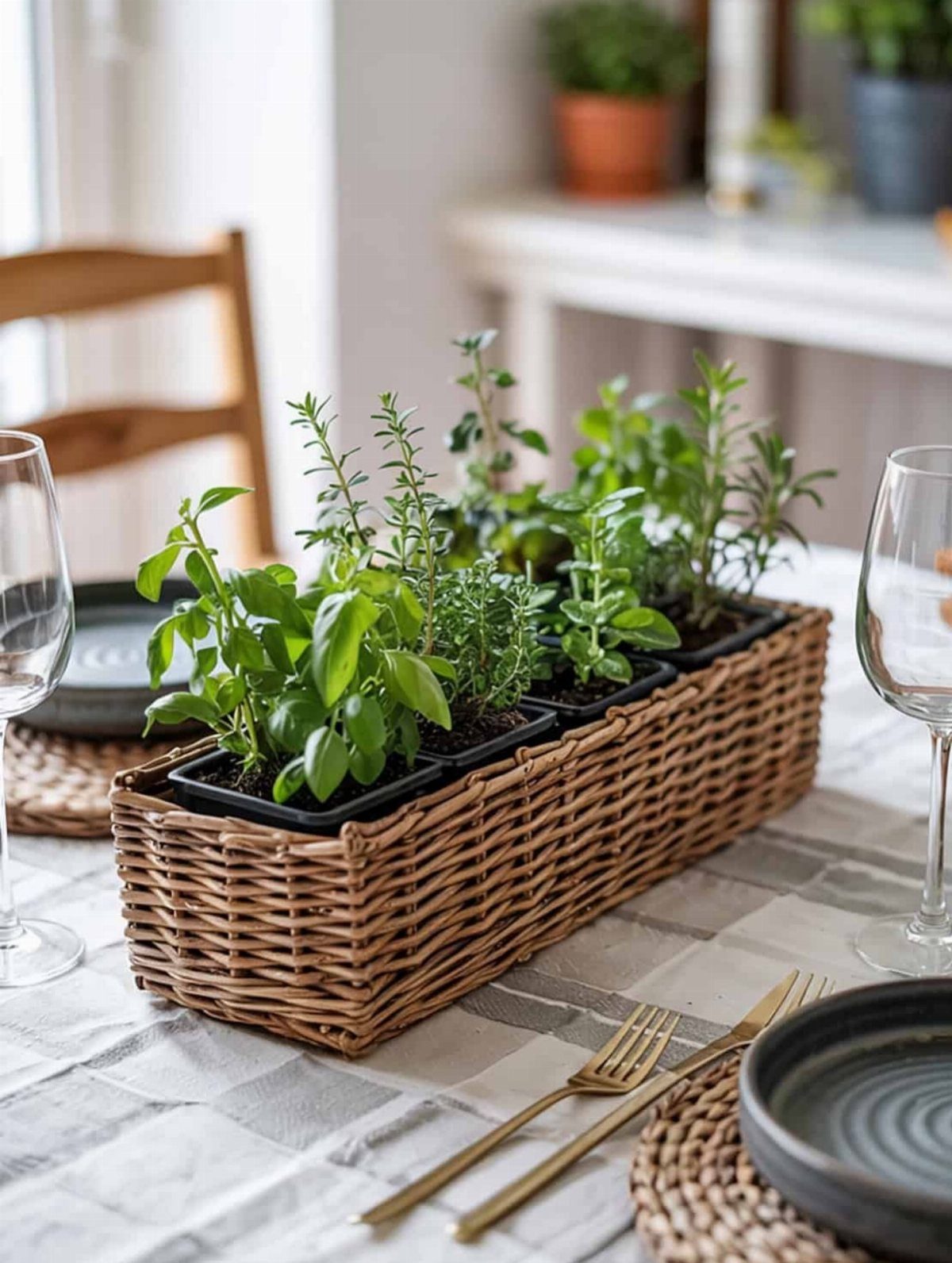 Green herbs in small black pots arranged inside a rectangular wicker basket on a dining table.