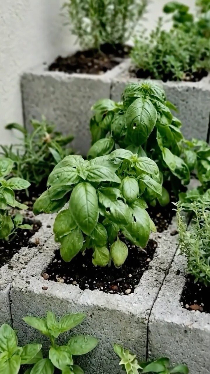 Green basil plants growing in soil inside grey concrete cinder blocks.