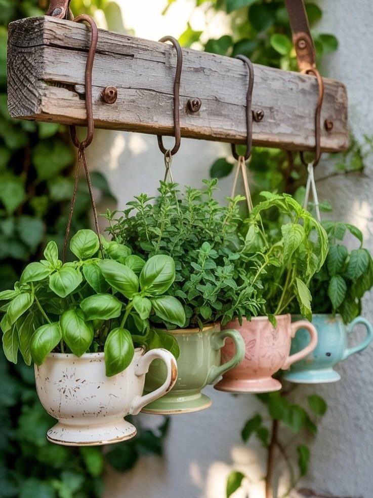 Four colorful ceramic teacups filled with green herbs hanging from a rustic wooden beam.
