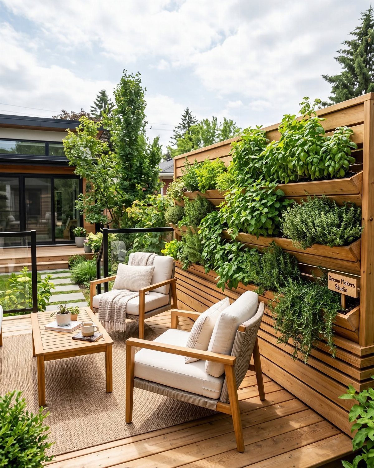 Green herbs growing in a wooden vertical slat wall planter on a sunny outdoor patio.