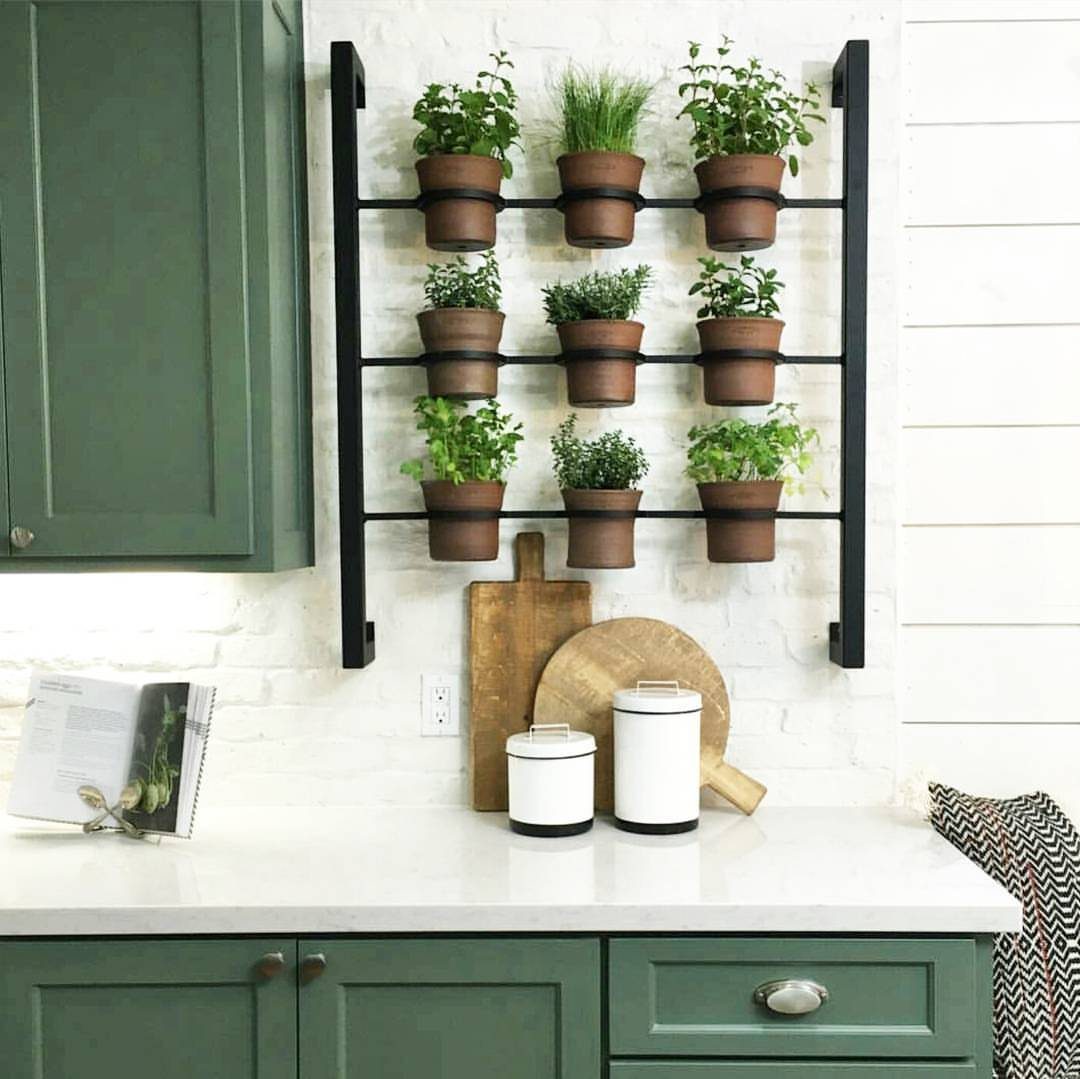 Nine small terracotta herb pots mounted on a black metal wall rack against white brick.