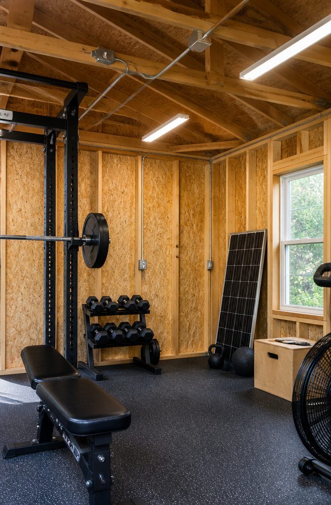 Electrical outlets and LED lights installed in a workout shed.