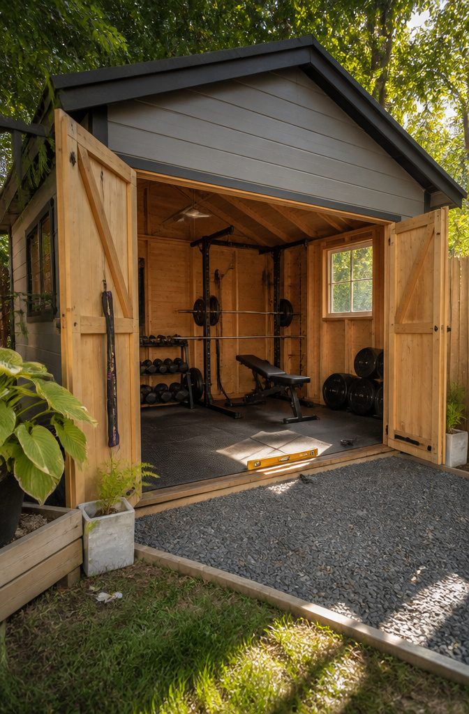 A shed with a level foundation ready for workout equipment.