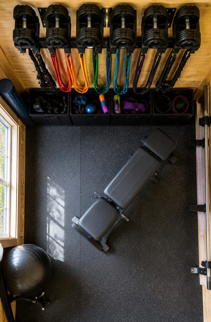 Wall-mounted storage for weights and accessories in a gym.